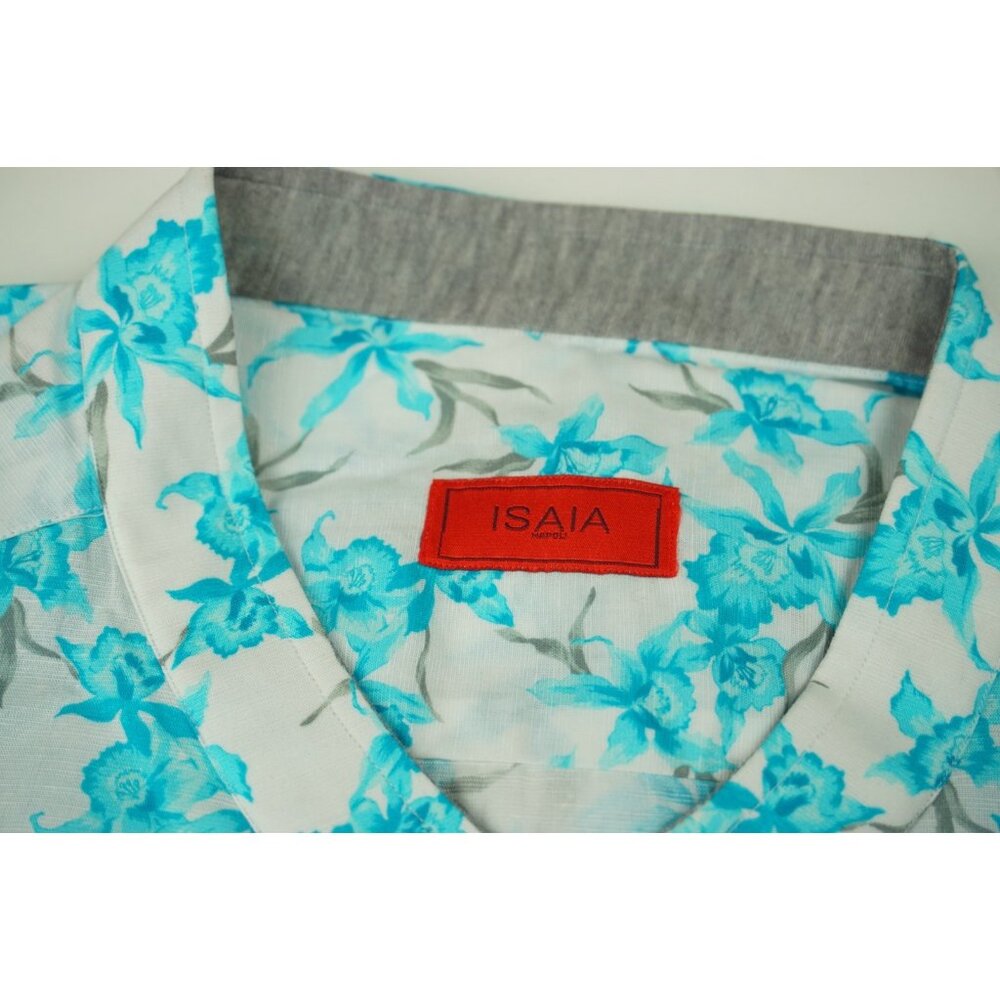 Isaia White Blue Floral Long Sleeve Linen Blend Dress Shirt Sz 15.5/39 BRAND NEW - Picture 3 of 6